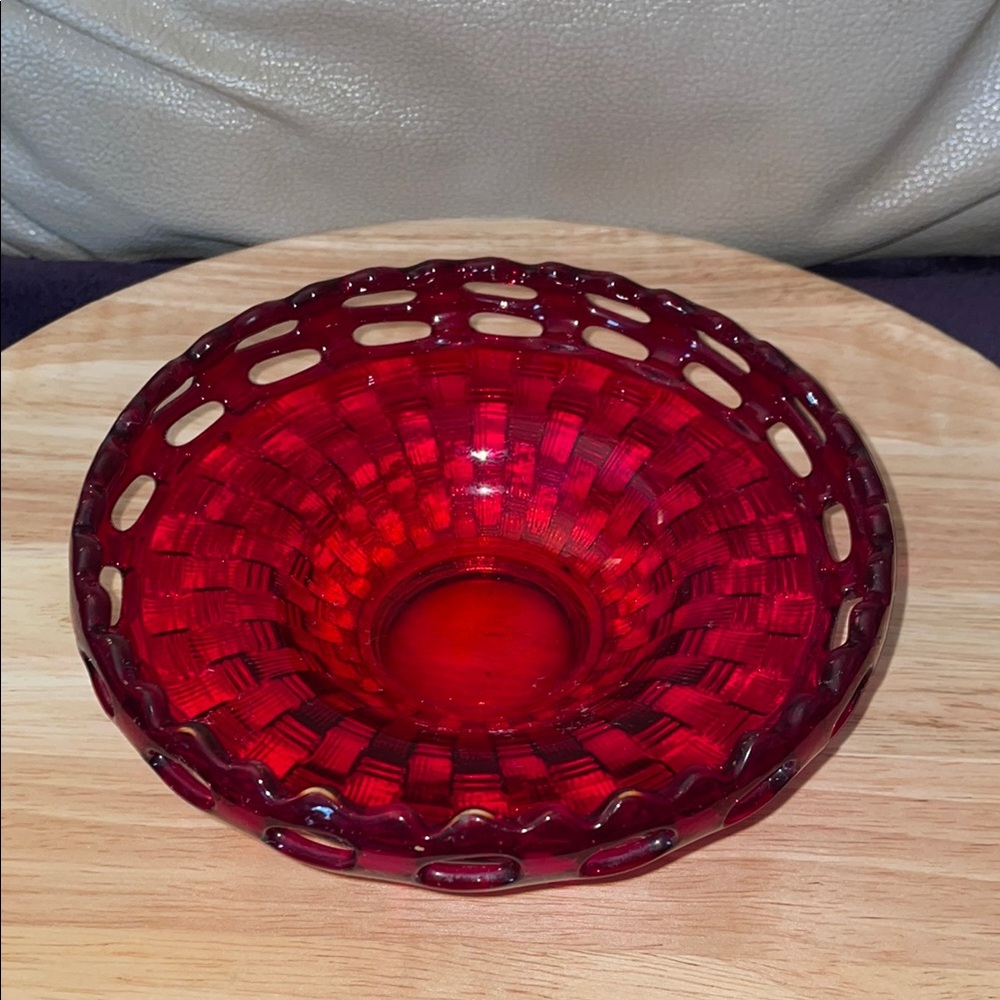 Vintage Fenton Ruby Red Glass Weave Basket bowl.
